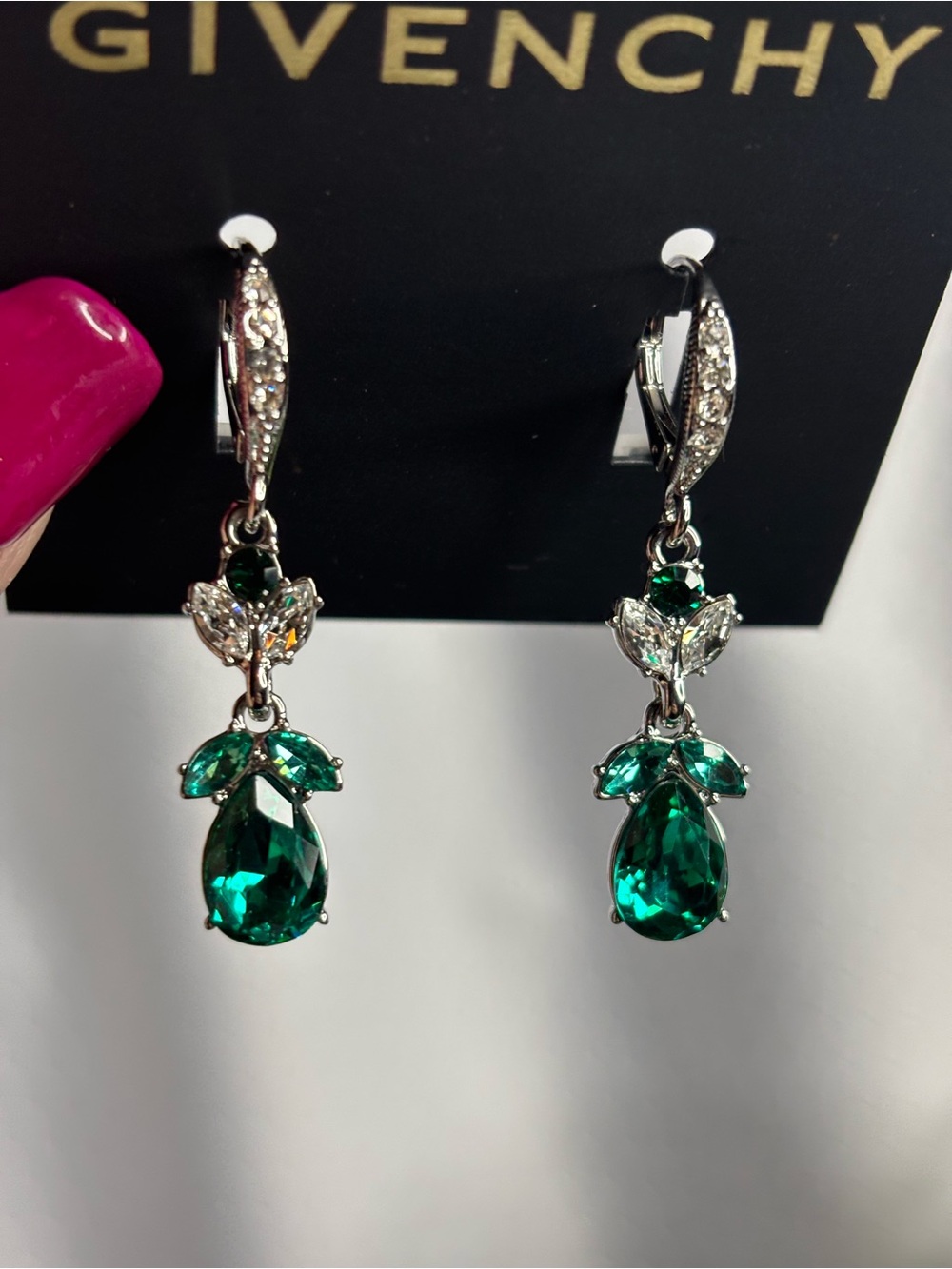 Givenchy Silver-Tone Green Crystal Teardrop Earrings NWT